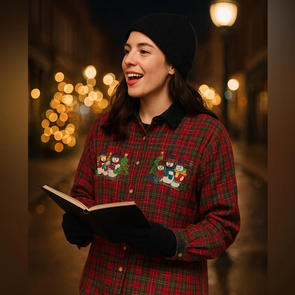 Vintage Bobbie Brooks Christmas‎ Flannel Shirt • Snowmen Embroidery • Plaid •